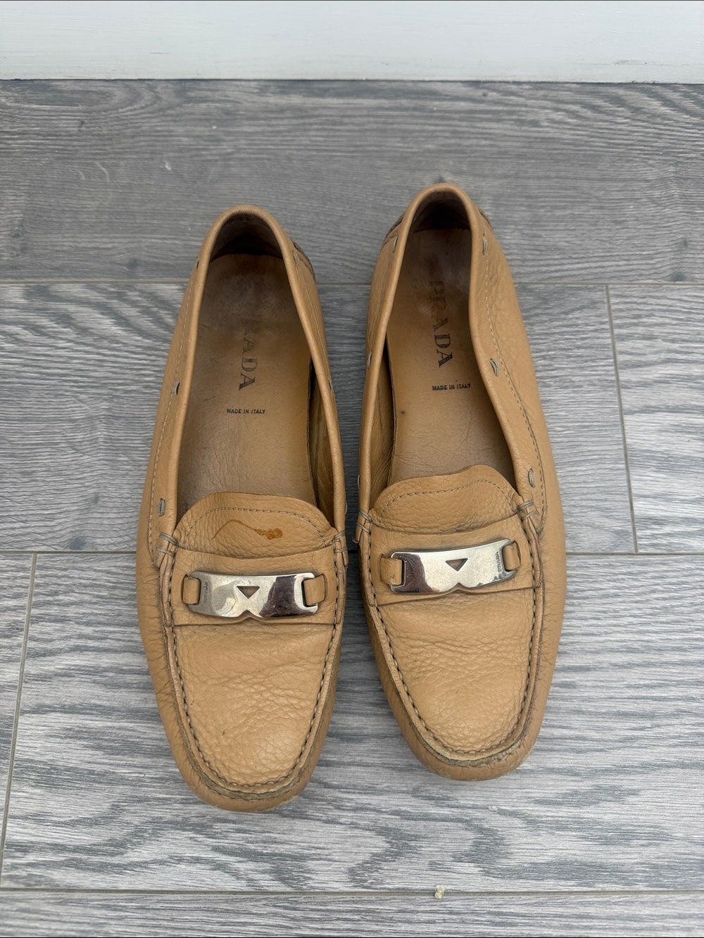 Prada Women's Camel Leather Loafers with Silver-Tone Bit